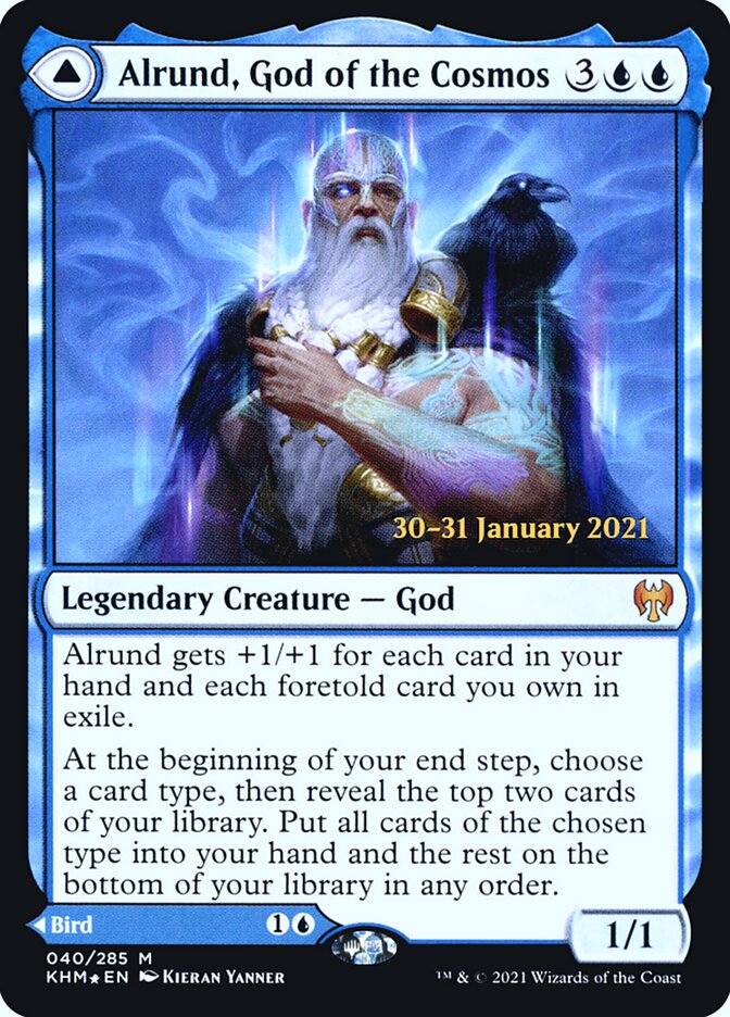 Alrund, God of the Cosmos // Hakka, Whispering Raven – Mythic Magic: The Gathering card from Kaldheim Promos (#40s)