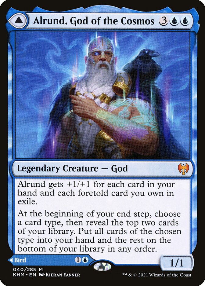Alrund, God of the Cosmos // Hakka, Whispering Raven – Mythic Magic: The Gathering card from Kaldheim (#40)