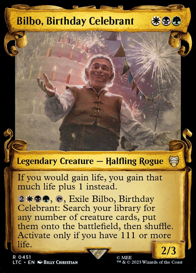 Bilbo, Birthday Celebrant – Rare Magic: The Gathering card from Tales of Middle-earth Commander (#451)
