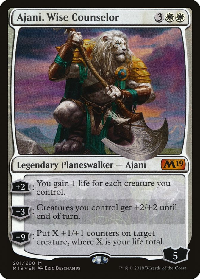 Ajani, Wise Counselor – Mythic Magic: The Gathering card from Core Set 2019 (#281)