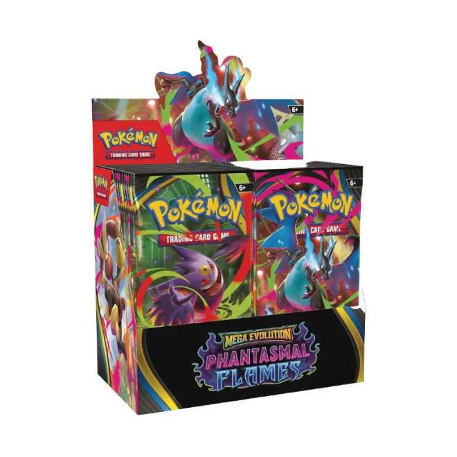 Pokémon trading card game packaging with colorful designs and 'Mega Evolution Phantasmal Flames' text.